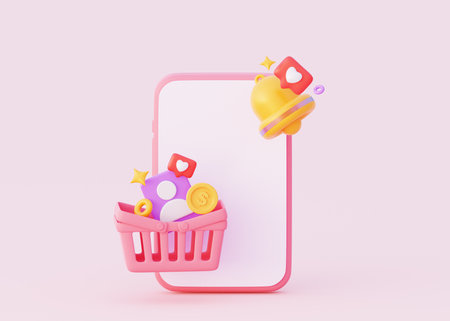 social networks. Buying with a mobile phone on the online service. 3d rendering illustration.の写真素材