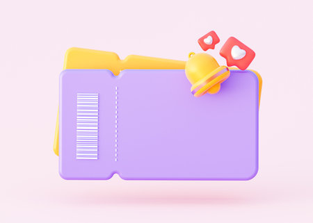 3D voucher with bar code. Purple and yellow counpon with bell for notification. The concept of a discount for your brand. 3d rendering illustration.の写真素材