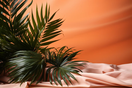 Delicate tropical plants on a peach fabric background, elegant botanical decor.の素材