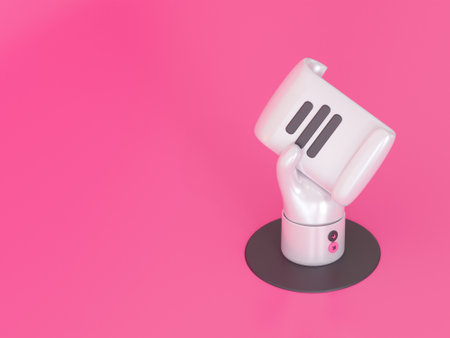 3D illustration of a metallic robotic hand holding an object against a vibrant pink background. A creative concept symbolizing technology, automation, and process management. Suitable for topics related to business, finance, innovation, and digital solutions.の写真素材