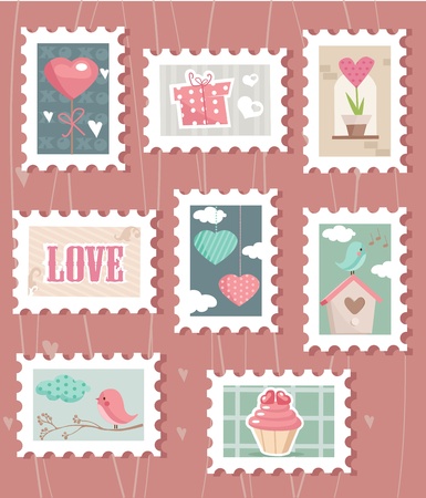set of valentine`s day postage stamps, vector illustrationのイラスト素材