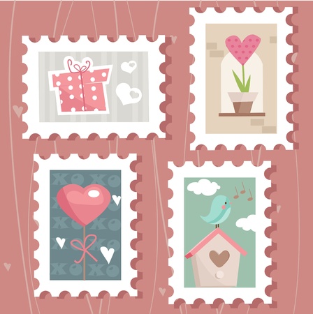 set of valentine`s day postage stamps,  illustrationのイラスト素材