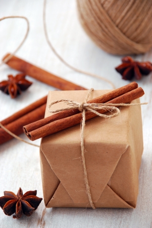  Vintage Christmas gift box on white wooden backgroundの写真素材