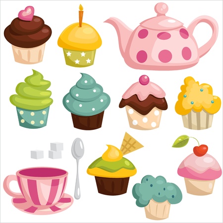Tea set and cupcakesのイラスト素材