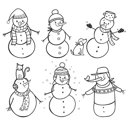 Set of  6 hand drawn snowman, vector illustrationのイラスト素材