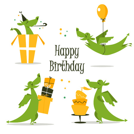 Cute dragon celebrating birthday, vector illustrationのイラスト素材