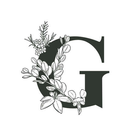 Floral letter G on white background, vector illustrationのイラスト素材