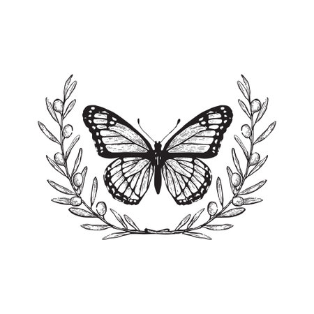 Butterfly with olive garland, vintage style vector illustrationのイラスト素材