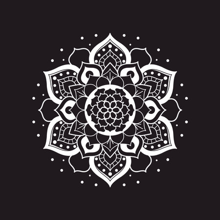 White floral mandala on black background, vector illustrationのイラスト素材