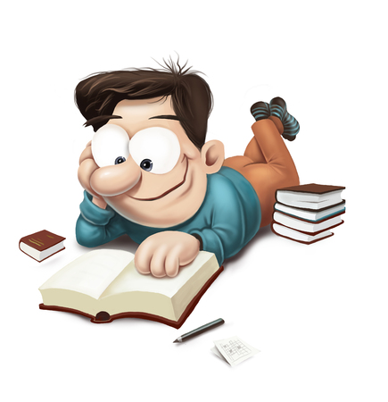 man lying on the floor and reading a bookの写真素材
