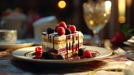 Tiramisu cake with fresh berries and chocolate sauce on a plateの素材