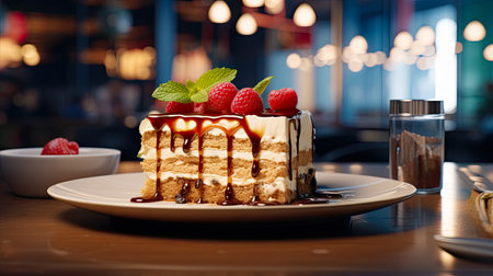 Tiramisu cake with fresh raspberries and chocolate sauceの素材