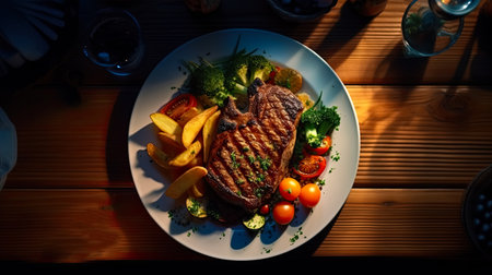 Grilled steak with French fries and vegetables on a wooden table.の素材