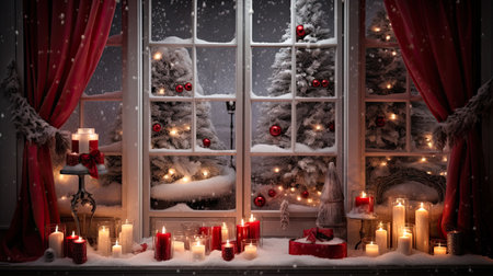 Window with burning candles and Christmas tree in the snow. Christmas backgroundの素材