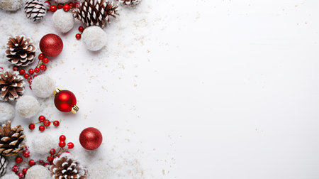 Christmas decoration on white wooden background. Top view with copy space.の素材
