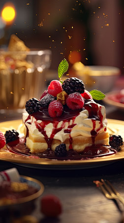 Delicious homemade cake with berries and chocolate sauce on a dark backgroundの素材