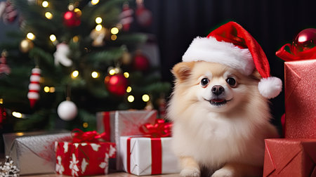 Pomeranian dog in Santa Claus hat with Christmas gifts and tree on backgroundの素材