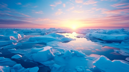 Icebergs in the ocean against the blue sky during sunset. Concept of global warming and melting ice.の素材