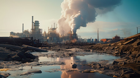 Environmental pollution concept. Columns of smoke from an industrial factory. Harmful production waste.の素材