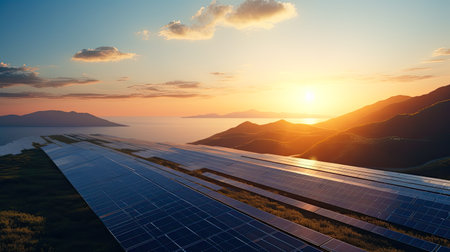 Solar energy panels beautiful sunset in the background. Clean electricity concept.の素材