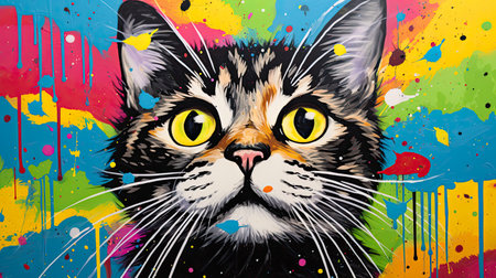 Colorful cat face in pop art style. Abstract colorful background.の素材