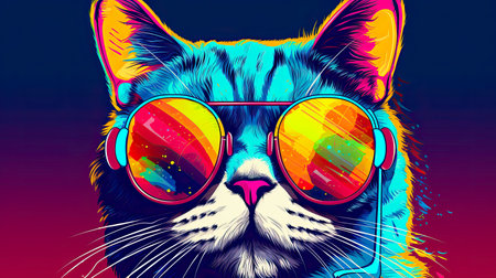 Colorful cat face in pop art style. Abstract colorful background.の素材