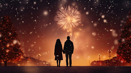 Back view of couple in love looking at Christmas fireworks on background of night cityの素材