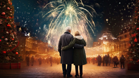 Happy elderly couple looking at fireworks on Christmas Eveの素材