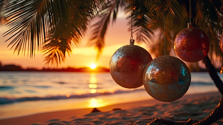 Christmas tree decorations on tropical beach at sunset. Holiday and celebration concept. Palm tree and Colorful Christmas ornaments on the beach with palm trees at sunsetの素材