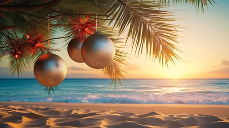 Christmas tree decorations on tropical beach at sunset. Holiday and celebration concept. Christmas tree and Colorful ornaments on the beach with palm trees at sunsetの素材