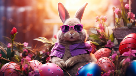 Easter bunny in a purple bow tie on a background of Easter eggsの素材