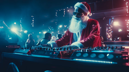DJ dressed as Santa Claus and headphones playing music on turntables at nightclub at the Christmas party.の素材