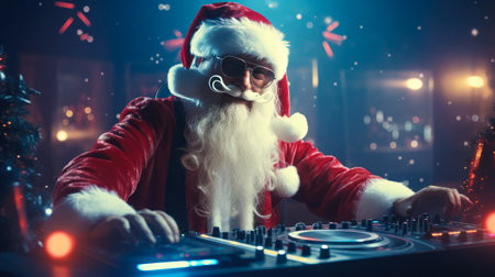DJ dressed as Santa Claus and headphones playing music on turntables at nightclub at the Christmas party.の素材