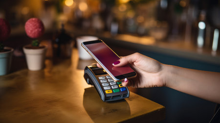 Close-up, Woman Pays with a Mobile Phone Using Contactless Payment Technology in a Bar.の素材