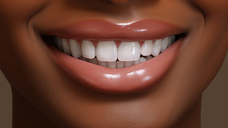 Close-up Perfect Snow-White Smile of an American African Woman. Dental Health and Dentistry Conceptの素材