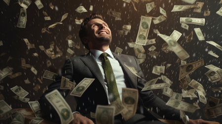 Businessman sitting under falling money rain on black background. Success conceptの素材