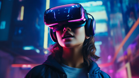 Portrait of a beautiful young woman wearing virtual reality goggles in futuristic style and neon lighting.の素材