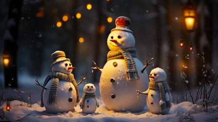 Smiling Snowman Family in Wintertime. Christmas and New Year concept.の素材