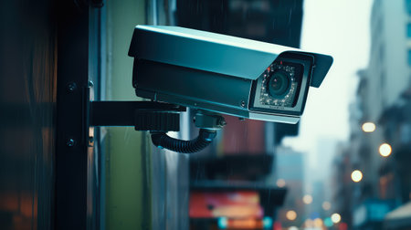 Outdoor CCTV camera at night close-up. Video surveillance concept.の素材