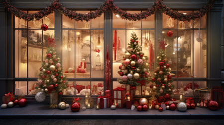 Christmas decorations in front of a shop window with Christmas tree and giftsの素材