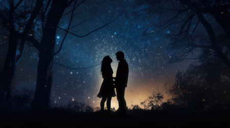 Silhouette of man and woman holding hands against night sky background. Romantic couple kissing in the night forest with starry sky background.の素材