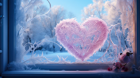 Beautiful winter landscape with frosted window and pink heart shape.の素材