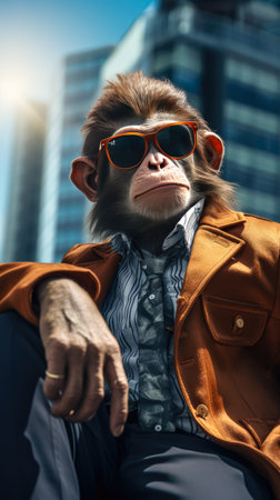 Portrait of a funny monkey in business clothes and sunglasses against the background of the city. Anthropomorphic animals.の素材