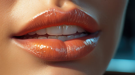 Close-up shot of beautiful female lips with glossy red lipstick.の素材