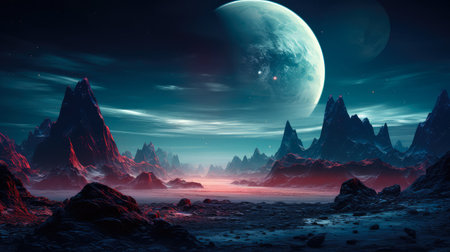 Fantasy alien planet. Mountain and moon. 3D illustration.の素材