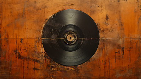 Old vinyl record on a grunge wooden background, top view.の素材