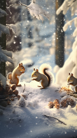 Squirrels in the winter forest. Cute animals in the snowy forest.の素材