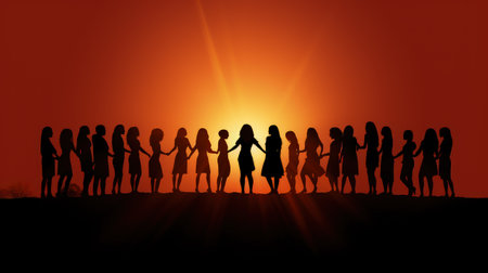 Silhouette of a group of women in the evening with sunset. International Women's Day and March 8 concept.の素材