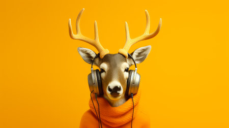 Reindeer wearing headphones listening to the music on a yellow backgroundの素材