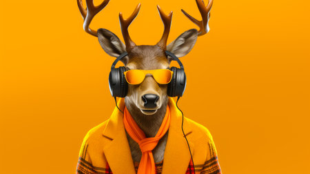 Funny deer listening to music. Isolated on orange background.の素材